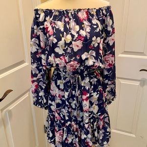 Joie sz L blue floral silk dress with pink flowers off shoulder or on shoulders.